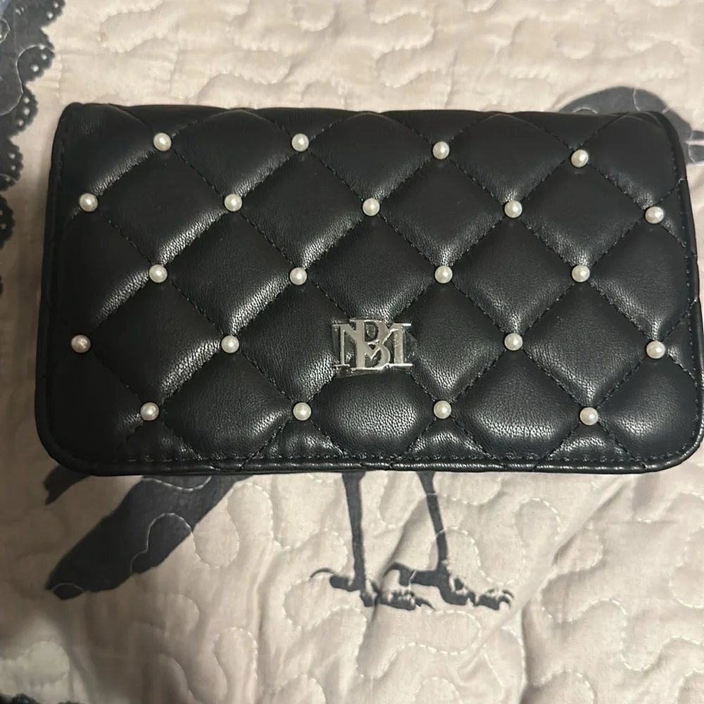 Badgley Mischka diamond quilted cross body with pearls black